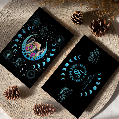 Moon Goddess greeting card, Moon Phase greeting card, Tarot Card greeting card, Celestial greeting card, Constellation greeting card, Zodiac greeting card, American Traditional greeting card, Old School greeting card, Butterfly greeting card, Lunar Moth greeting card, Crystal greeting card, Moon and Sun greeting card