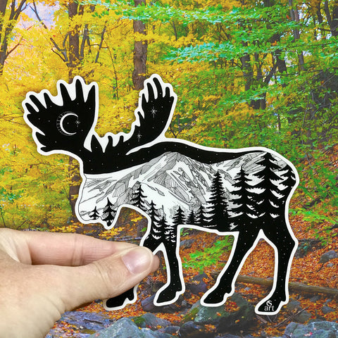 Moose with mountain range and crescent moon. Moose sticker, moose silhouette sticker, mountain sticker, colorado mountain sticker, crescent moon sticker, moose decal, moose car sticker, moose bumper sticker
