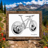 Black and white line art illustration of a mountain bike filled with topographic route lines of Grays and Torreys Peaks, featuring mountain landscapes inside the bike wheels.  Grays and Torreys mountain bike art, Colorado 14er topo line art, mountain bike topographic print, Grays Peak Torreys Peak cycling illustration, Continental Divide mountain biking decor, fine art mountain bike poster, Colorado mountain biking art, 14er topo map artwork, black and white bike print, mountain bike line drawing