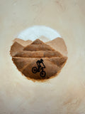 Mountain bike art, Upcycled bike part decor, Salida Colorado painting, FSA chainring art, Cycling gifts for men, MTB wall decor, Original mountain biking artwork, Salida CO mountain biking, Tenderfoot Mountain Salida, S Mountain trail art, Colorado mountain bike art, Arkansas River Valley artists, Downhill mountain bike painting, Chainring frame artwork, 46/36 chainring, Switchback trail illustration, Gifts for cyclists