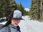 trucker hat, mountain trucker hat, snowboard hat with mountains, skater hat with mountains, trucker hat with mountains, trucker hat with contour lines, snowboard hat with contour lines, skater hat with contour lines, snowshoe hat, black white mountain hat, colorado mountain hat