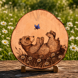 Baby Bear playing with a Butterfly pyrography, Baby Bear playing with a Butterfly wood burning, bear wood burning, bear pyrography, bear cub pyrography, bear cub wood burning, painted butterfly, butterfly pyrography, butterfly wood burning, daisy wood burning