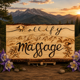 pyrography art : business sign, massage sign, mountain pyrography, mountain wood burning, columbine flowers pyrography, columbine flowers wood burning, pyrography art, wood burning art, wood working, Custom pyrography art - hand wood burned, family name sign with aspen trees and deer] on natural wood slab