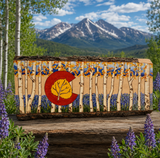 colorado flag with aspen trees, colorado flag with blue bonnets, colorado flag with mountains, colorado flag with aspen leaf, colorado flag with fall colors, pyrography art, hand painted, wood burning art