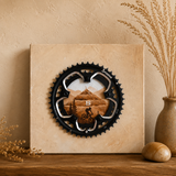 Mountain bike art, Upcycled bike part decor, Salida Colorado painting, FSA chainring art, Cycling gifts for men, MTB wall decor, Original mountain biking artwork, Salida CO mountain biking, Tenderfoot Mountain Salida, S Mountain trail art, Colorado mountain bike art, Arkansas River Valley artists, Downhill mountain bike painting, Chainring frame artwork, 46/36 chainring, Switchback trail illustration, Gifts for cyclists