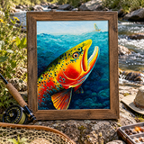 Brown trout artwork, Brown trout painting, Fly fishing art, Fly fishing wall art, Brown trout and mayfly art, Original trout painting, Wildlife river art, Acrylic fish painting, Wood panel fish art, Fly fishing home decor, Colorado fly fishing art, Mountain lodge fish artwork, Western wildlife artwork, Original acrylic brown trout painting on wood panel, Fly fishing wall decor for cabin or lodge, Wild brown trout rising to mayfly art, Hand signed fly fishing art print original, Gift for fly fisherman brown 