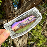 Spanish Peaks sticker, Colorado mountain sticker, nature scene decal, mountain landscape art, hiking adventure sticker, wilderness window sticker, outdoor lover gift, travel nature decal, mountain view sticker, scenic landscape sticker, camping adventure art, Colorado Peaks decal, tree log frame art, rustic mountain sticker, nature lover gift