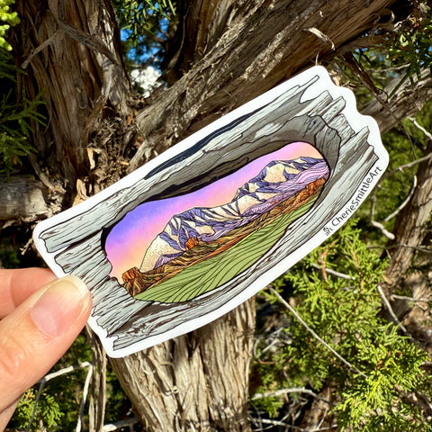 Spanish Peaks sticker, Colorado mountain sticker, nature scene decal, mountain landscape art, hiking adventure sticker, wilderness window sticker, outdoor lover gift, travel nature decal, mountain view sticker, scenic landscape sticker, camping adventure art, Colorado Peaks decal, tree log frame art, rustic mountain sticker, nature lover gift