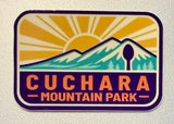 Cuchara Mountain Park sticker, Colorado ski area decal, waterproof vinyl sticker, dishwasher safe decal, water bottle sticker, Cuchara Colorado souvenir, mountain sunburst sticker, Colorado hiking gift, Southern Colorado merch, Spanish Peaks Colorado, hidden spoon design, 10810 elevation mountain, outdoor adventure sticker, laptop decal, retro Colorado mountain art, durable car bumper sticker, Colorado ski resort souvenir, Cuchara Mountain Park merch