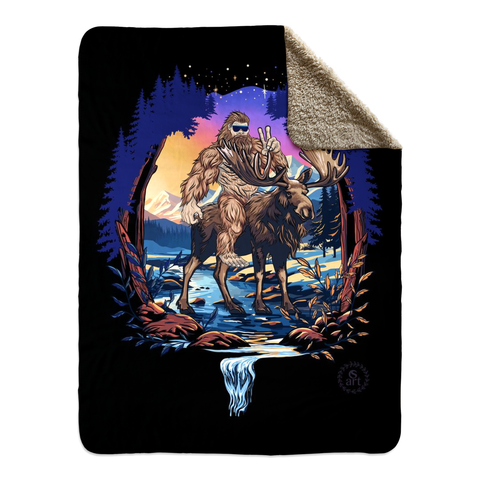 bigfoot riding moose blanket, yeti riding moose blanket, Sasquatch riding moose blanket, Squatch riding moose blanket, bigfoot blanket, yeti blanket, sasquatch blanket, squatch blanket, bigfoot peace sign blanket, yeti peace sign blanket, sasquatch peace sign blanket, squatch peace sign blanket, moose blanket, mountain blanket, mountain and river blanket, snowy mountain blanket, colorado blanket, bigfoot wearing sunglasses blanket, yeti wearing sunglasses blanket, funny bigfoot blanket, funny moose blanket
