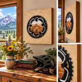 Mountain bike art, Upcycled bike part decor, Salida Colorado painting, FSA chainring art, Cycling gifts for men, MTB wall decor, Original mountain biking artwork, Salida CO mountain biking, Tenderfoot Mountain Salida, S Mountain trail art, Colorado mountain bike art, Arkansas River Valley artists, Downhill mountain bike painting, Chainring frame artwork, 46/36 chainring, Switchback trail illustration, Gifts for cyclists, mountain bike artwork, chainring artwork
