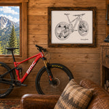 Virginia Canyon Ride the Line black and white mountain bike artwork featuring actual Virginia Canyon trail topography and Drop Shaft and Tectonic routes, Virginia Canyon mountain bike art, Colorado mountain bike artwork, Idaho Springs Colorado art, Virginia Canyon Mountain Bike Park, mountain biking art, Colorado cycling art, mountain bike wall art, Drop Shaft trail, Tectonic trail, Colorado trail art, mountain biking Colorado, Idaho Springs art, mountain bike decor