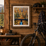 Aspen Colorado art, Aspen Colorado fall, fall mountain biking, Colorado mountain bike art, aspen trees, autumn landscape painting, Colorado fall colors, mountain biking artwork, Aspen trails, Colorado outdoor adventure art, Colorado wall art.