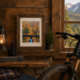 Aspen Colorado art, Aspen Colorado fall, fall mountain biking, Colorado mountain bike art, aspen trees, autumn landscape painting, Colorado fall colors, mountain biking artwork, Aspen trails, Colorado outdoor adventure art, Colorado wall art.