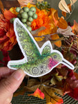 Hummingbird with henna design sticker, hummingbird sticker, hummingbird decal, hummingbird bumper sticker, hummingbird laptop sticker, paisley sticker, Mandelbrot sticker, colorado hummingbird sticker, henna sticker, floral hummingbird, hummingbird with flowers, green hummingbird, broad-tailed hummingbird