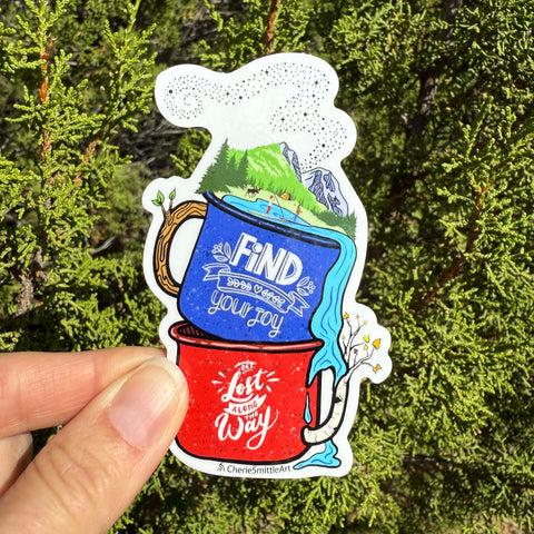 camping mug sticker, mountain adventure sticker, SUP paddle board sticker, moose camping decal, tent camping sticker, outdoor adventure sticker, hiking and camping decal, explore nature sticker, find your joy sticker, get lost along the way sticker, wilderness camping decal, water bottle camping sticker, camper van sticker, national park adventure sticker, kayaking SUP sticker
