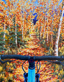 colorado mountain bike art, autumn aspen painting, fall foliage artwork, original acrylic mountain bike art, rockies bicycle painting, hidden detail art, aspen trail artwork, mountain biking painting, colorado landscape art, wood panel painting, aspen mountain bike art, mountain biking in aspen, mountain biking in colorado