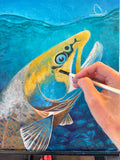 Brown trout artwork, Brown trout painting, Fly fishing art, Fly fishing wall art, Brown trout and mayfly art, Original trout painting, Wildlife river art, Acrylic fish painting, Wood panel fish art, Fly fishing home decor, Colorado fly fishing art, Mountain lodge fish artwork, Western wildlife artwork, Original acrylic brown trout painting on wood panel, Fly fishing wall decor for cabin or lodge, Wild brown trout rising to mayfly art, Hand signed fly fishing art print original, Gift for fly fisherman brown 