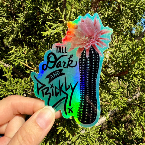 holographic cactus sticker, Trichocereus sticker, succulent sticker, columnar cactus art, funny cactus sticker, tall dark and prickly, flirty plant sticker, rainbow holographic sticker, plant lover gift, cactus lover sticker, playful cactus decal, edgy plant sticker, naughty cactus sticker, pink bloom cactus, whimsical plant art