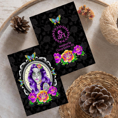 Day of the dead greeting card, Dia de Muertos greeting card, candy skull greeting card, sugar skull greeting card, American traditional woman greeting card, sailor jerry greeting card, old school tattoo greeting card, old school butterfly greeting card, old school roses greeting card, Santa Murete greeting card, halloween greeting card