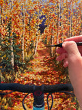 colorado mountain bike art, autumn aspen painting, fall foliage artwork, original acrylic mountain bike art, rockies bicycle painting, hidden detail art, aspen trail artwork, mountain biking painting, colorado landscape art, wood panel painting, aspen mountain bike art, mountain biking in aspen, mountain biking in colorado