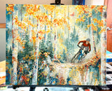 mountain biking art, autumn mountain bike painting, original acrylic mountain art, aspen forest painting, fall foliage artwork, Colorado mountain art, mountain bike wall art, gallery wood panel art, mountain biking gift, original aspen tree painting, mountain bike art, mountain bike artwork, fall aspen trees art, aspen tree art, autumn aspen tree art, fall mountain bike artwork