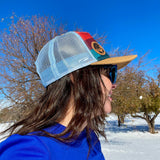 colorado flag hat, colorado flag trucker hat, mt blue sky hat, mount blue sky trucerk hat, mt. evans hat, mount evans trucker hat, contour lines hat, colorado mountains hat, colorado mountains trucker hat, idaho springs colorado hat, idaho springs colorado trucker hat, mountain hat, mountain trucker hat, mountain and river hat, mountain and river trucker hat, colorado sunrise hat, colorado sunset hat, colorado sunrise trucker hat, colorado sunset trucker hat