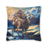 bigfoot riding moose pillow, yeti riding moose pillow, Sasquatch riding moose pillow, Squatch riding moose pillow, bigfoot pillow, yeti pillow, sasquatch pillow, squatch pillow, bigfoot peace sign pillow, yeti peace sign pillow, sasquatch peace sign pillow, squatch peace sign pillow, moose pillow, mountain pillow, mountain and river pillow, snowy mountain pillow, colorado pillow, bigfoot wearing sunglasses pillow, yeti wearing sunglasses pillow, funny bigfoot pillow, funny moose pillow