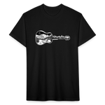 Unisex 50/50 T-Shirt : Camp Acoustic - black; acoustic guitar t-shirt, acoustic guitar shirt, camping t-shirt, camping shirt, black and white illustration shirt, mt. evans t-shirt, mt. evans shirt, colorado mountain shirt, colorado mountain t-shirt, colorado mountain illustration, colorado mountain drawing, mt. evans line art drawing, mountain stipple drawing, mountain dotwork drawing