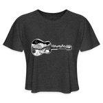 Women's Cropped T-Shirt : Camp Acoustic - deep heather; acoustic guitar t-shirt, acoustic guitar shirt, camping t-shirt, camping shirt, black and white illustration shirt, mt. evans t-shirt, mt. evans shirt, colorado mountain shirt, colorado mountain t-shirt, colorado mountain illustration, colorado mountain drawing, mt. evans line art drawing, mountain stipple drawing, mountain dotwork drawing