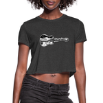 Women's Cropped T-Shirt : Camp Acoustic - deep heather; acoustic guitar t-shirt, acoustic guitar shirt, camping t-shirt, camping shirt, black and white illustration shirt, mt. evans t-shirt, mt. evans shirt, colorado mountain shirt, colorado mountain t-shirt, colorado mountain illustration, colorado mountain drawing, mt. evans line art drawing, mountain stipple drawing, mountain dotwork drawing