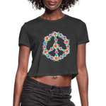 Women's Cropped T-Shirt : Floral Peace Sign - deep heather; Peace Sign t-shirt, floral peace sign t-shirt,  hippy t-shirt, floral t-shirt, flower t-shirt, 60's t-shirt, flower power t-shirt, Peace Sign cropped shirt, floral peace sign cropped shirt,  hippy cropped shirt, floral cropped shirt, flower cropped shirt, 60's cropped shirt, flower power cropped shirt, hand drawn floral peace sign art, floral peace sign drawing