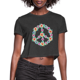Women's Cropped T-Shirt : Floral Peace Sign - deep heather; Peace Sign t-shirt, floral peace sign t-shirt,  hippy t-shirt, floral t-shirt, flower t-shirt, 60's t-shirt, flower power t-shirt, Peace Sign cropped shirt, floral peace sign cropped shirt,  hippy cropped shirt, floral cropped shirt, flower cropped shirt, 60's cropped shirt, flower power cropped shirt, hand drawn floral peace sign art, floral peace sign drawing
