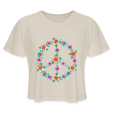 Women's Cropped T-Shirt : Floral Peace Sign - dust; Peace Sign t-shirt, floral peace sign t-shirt,  hippy t-shirt, floral t-shirt, flower t-shirt, 60's t-shirt, flower power t-shirt, Peace Sign cropped shirt, floral peace sign cropped shirt,  hippy cropped shirt, floral cropped shirt, flower cropped shirt, 60's cropped shirt, flower power cropped shirt, hand drawn floral peace sign art, floral peace sign drawing