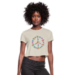 Women's Cropped T-Shirt : Floral Peace Sign - dust; Peace Sign t-shirt, floral peace sign t-shirt,  hippy t-shirt, floral t-shirt, flower t-shirt, 60's t-shirt, flower power t-shirt, Peace Sign cropped shirt, floral peace sign cropped shirt,  hippy cropped shirt, floral cropped shirt, flower cropped shirt, 60's cropped shirt, flower power cropped shirt, hand drawn floral peace sign art, floral peace sign drawing