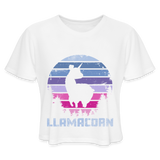 Women's Cropped T-Shirt : Llamacorn - white; funny llamacorn shirt, cute llamacorn shirt, magical llamacorn shirt, majestic llamacorn shirt, awkward llamacorn shirt, funny llama cropped t-shirt, cute llama cropped t-shirt, magical llama cropped t-shirt, majestic llama cropped t-shirt, awkward llama cropped t-shirt, funny unicorn, cute unicorn, llamacorn t-shirt, unicorn t-shirt, llama t-shirt, pride t-shirt, , love is love t-shirt 