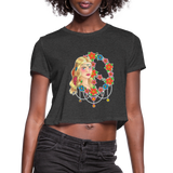 Women's Cropped T-Shirt : Peace Child - deep heather; Peace t-shirt, floral peace shirt, American traditional peace child shirt, traditional style hippy woman shirt, floral peace sign with jewelry shirt, pin up shirt, American traditional woman shirt, American traditional girl shirt, diamond cut heart pendant shirt, diamond cut tear drop pendant shirt, hippy shirt, floral peace sign t-shirt, American traditional hippy woman shirt, sailor jerry hippy girl shirt, old school hippy girl shirt