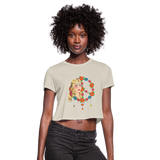 Women's Cropped T-Shirt : Peace Child - dust; Peace t-shirt, floral peace shirt, American traditional peace child shirt, traditional style hippy woman shirt, floral peace sign with jewelry shirt, pin up shirt, American traditional woman shirt, American traditional girl shirt, diamond cut heart pendant shirt, diamond cut tear drop pendant shirt, hippy shirt, floral peace sign t-shirt, American traditional hippy woman shirt, sailor jerry hippy girl shirt, old school hippy girl shirt