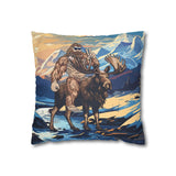 bigfoot riding moose pillow, yeti riding moose pillow, Sasquatch riding moose pillow, Squatch riding moose pillow, bigfoot pillow, yeti pillow, sasquatch pillow, squatch pillow, bigfoot peace sign pillow, yeti peace sign pillow, sasquatch peace sign pillow, squatch peace sign pillow, moose pillow, mountain pillow, mountain and river pillow, snowy mountain pillow, colorado pillow, bigfoot wearing sunglasses pillow, yeti wearing sunglasses pillow, funny bigfoot pillow, funny moose pillow