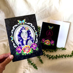 Day of the dead greeting card, Dia de Muertos greeting card, candy skull greeting card, sugar skull greeting card, American traditional woman greeting card, sailor jerry greeting card, old school tattoo greeting card, old school butterfly greeting card, old school roses greeting card, Santa Murete greeting card, halloween greeting card