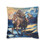 bigfoot riding moose pillow, yeti riding moose pillow, Sasquatch riding moose pillow, Squatch riding moose pillow, bigfoot pillow, yeti pillow, sasquatch pillow, squatch pillow, bigfoot peace sign pillow, yeti peace sign pillow, sasquatch peace sign pillow, squatch peace sign pillow, moose pillow, mountain pillow, mountain and river pillow, snowy mountain pillow, colorado pillow, bigfoot wearing sunglasses pillow, yeti wearing sunglasses pillow, funny bigfoot pillow, funny moose pillow