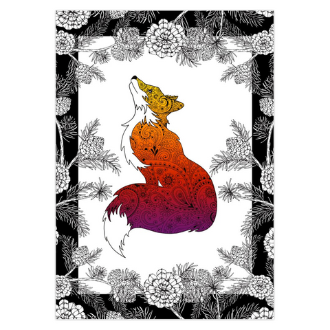 Fox with pinecone border greeting card, Foxy Lady with Pinecone border card; fox card, pinecone card, black and white floral card, black and white hand drawn floral card, black and white pinecone card, henna card, paisley card