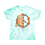 Peace t-shirt, floral peace shirt, american traditional peace child, traditional style hippy woman, floral peace sign with jewelry, pin up, american traditional woman, american traditional girl, diamond cut heart pendant, diamond cut tear drop pendant, tie-dye hippy shirt, tie-dye floral peace sign, tie-dye american traditional hippy woman