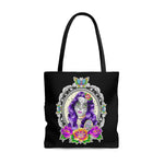 Day of the dead shopping tote, Dia de Muertos art, candy skull shopping tote, sugar skull art, American traditional woman shopping tote, sailor jerry shopping tote, old school tattoo grocery bag, old school butterfly grocery bag, old school roses shopping tote, Santa Murete shopping tote