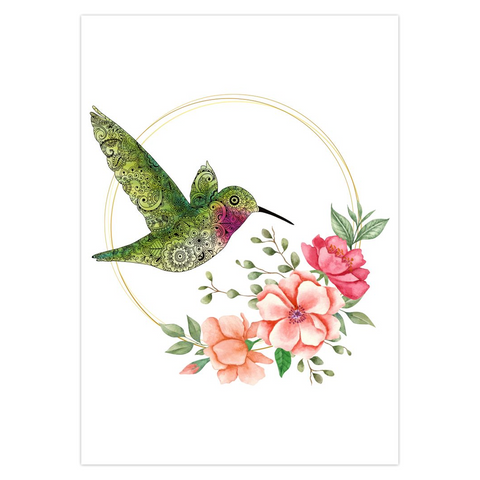 hummingbird greeting card, watercolor flower greeting card, floral greeting card, bird greeting card, hummingbird card, watercolor flower greeting card, floral card, bird card, mandala greeting card
