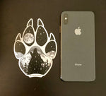 Wolf paw with mountains and full moon.  Sticker, wolf paw sticker, wolf paw silhouette sticker, wolf silhouette sticker, paw sticker, wolf howling at full moon sticker