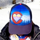Colorado trucker hat, Telluride mountain art, Colorado flag hat, mountain sunrise hat, wearable mountain art, hidden under brim design, high country snapback, evergreen forest graphic hat, artistic snapback hat, Colorado outdoor apparel, unique mountain gifts