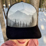 washington misty trees hand painted trucker hat, hand painted dad hat, hand painted bucket hat, hand painted camping hat, hand painted hunting hat, hand painted fishing hat, hand painted running hat, custom trucker hat, custom dad hat, custom bucket hat, custom camping hat, custom hunting hat, custom fishing hat, custom running hat, Foggy Mountain Hat