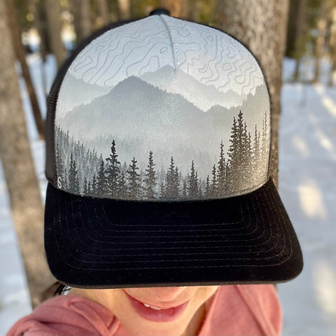 washington misty trees hand painted trucker hat, hand painted dad hat, hand painted bucket hat, hand painted camping hat, hand painted hunting hat, hand painted fishing hat, hand painted running hat, custom trucker hat, custom dad hat, custom bucket hat, custom camping hat, custom hunting hat, custom fishing hat, custom running hat, Foggy Mountain Hat