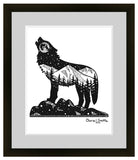 Eva Night Wolf: Wolf artwork, full moon art, howling at the moon, line art mountain drawing, stars artwork, evergreen trees drawing, colorado artist, colorado art, colorado artwork, dotwork art, wolf silhouette art, Mt. Eva coordinates, lupus constellation